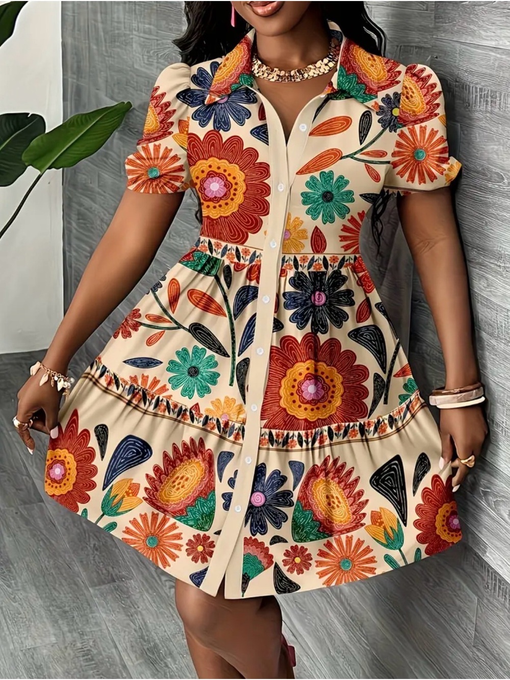 Floral Button-Front Short Sleeve Dress in Cream